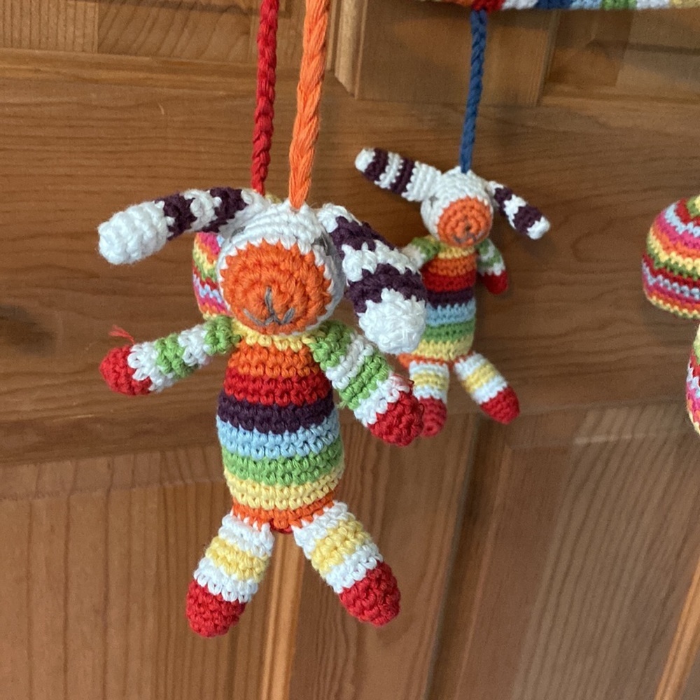 Pebble Child Handmade Fair Trade Rainbow Bunny Baby Nursey Mobile NEW NWT - Picture 2 of 6
